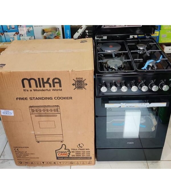 MIKA Standing Cooker, 50cm x 60cm, 4 Gas Pipe Burners, Button Ignition, Gas Oven 1 Burner, Full Black